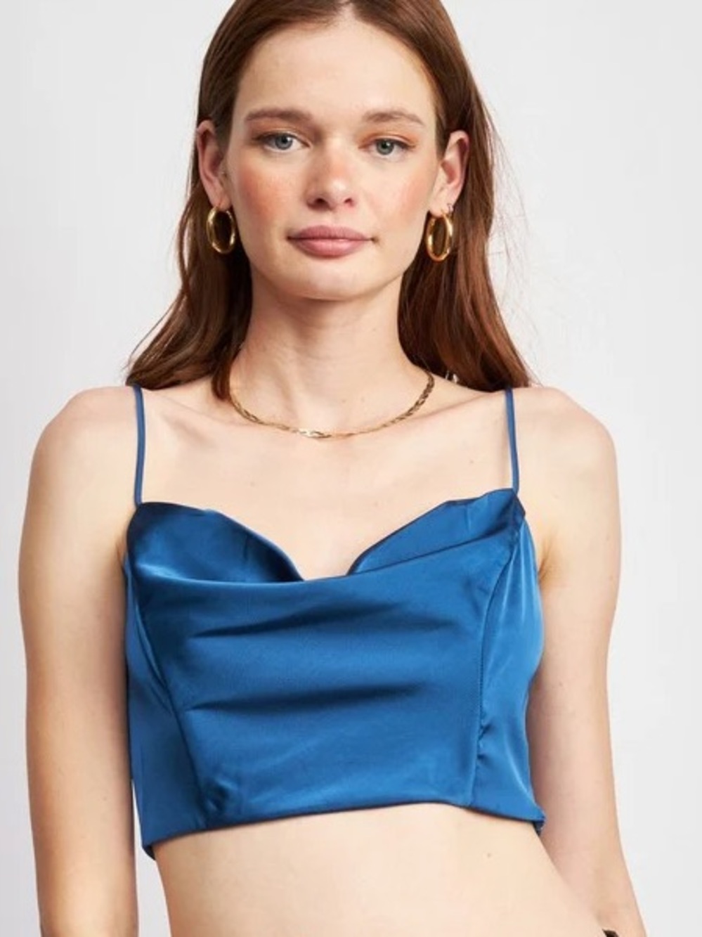 Satin Cowl Neck Crop Top - Blue